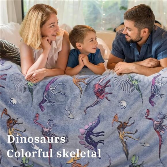 GlowinThe Dark Blanket Dinosaur Blanket for Boys Girls Kids Dino Throw Blankets - Picture 3 of 7